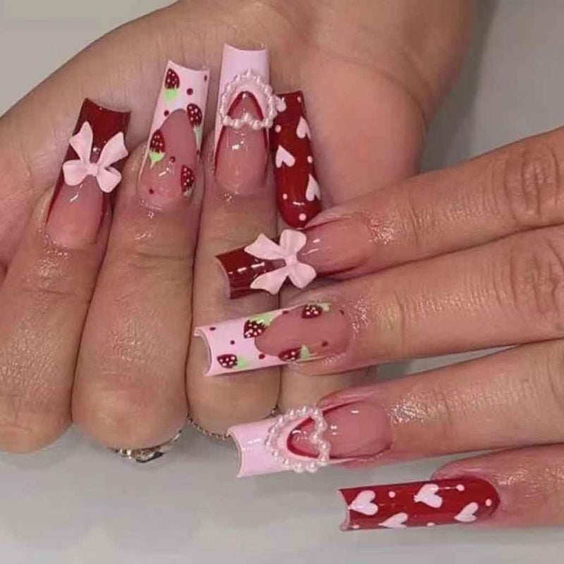 Foccna Press on Nails Long Rhinestone Pink Fake Nails Square Bling Glossy Artificial Nails Finger Manicure for Women and Girls-24pcs (Long Nails 3) - Image 1